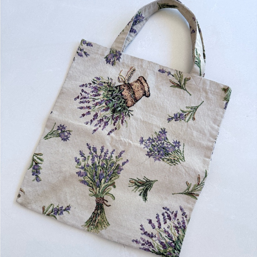 Vintage 80s Lavender Floral Knit Canvas Tote